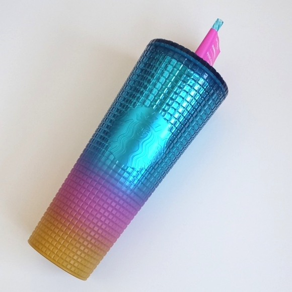 Starbucks Ombre Blue Mustard Pink Grid 24 oz Cold Cup Tumbler w Lid & Straw NWT - Picture 11 of 14